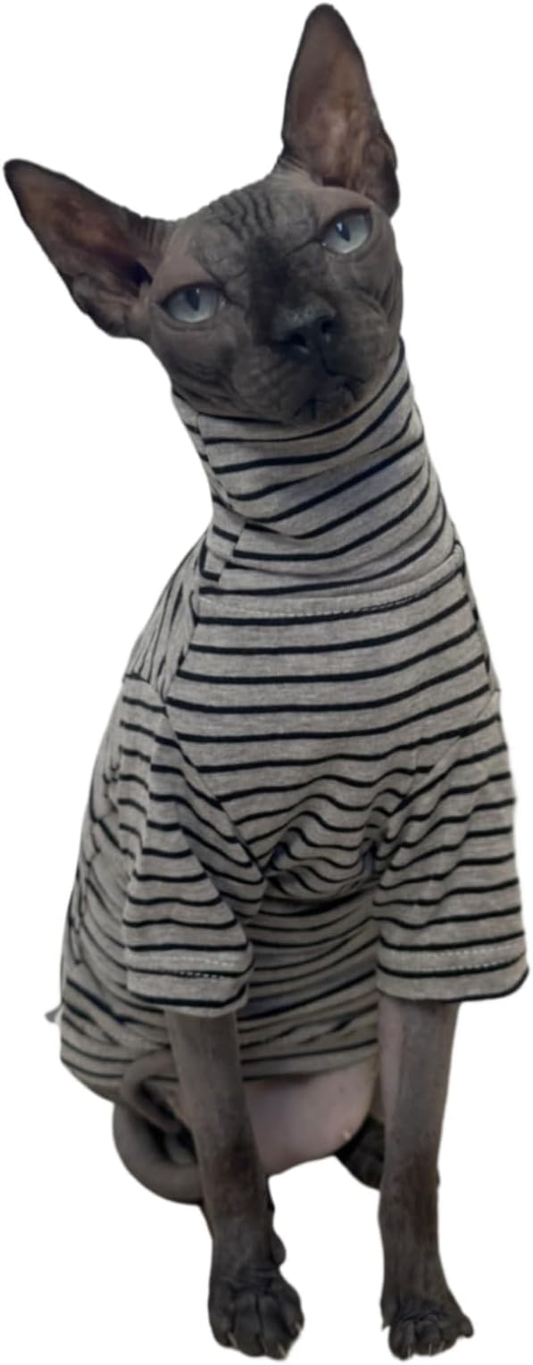 Vintage Stripes Sphynx Hairless Cats Shirt Cotton Cat Turtleneck Pet Clothes Kitten T-Shirts with Sleeves for Sphynx Cornish Rex, Devon Rex, Peterbald (Grey Stripe, Medium (Pack of 1))