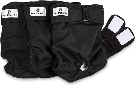 Pet Parents® Washable Dog Diapers (3pack) + Extendrs® of Durable Doggie Diapers, Premium Dog Diapers Female & Male (X-Small, Black)