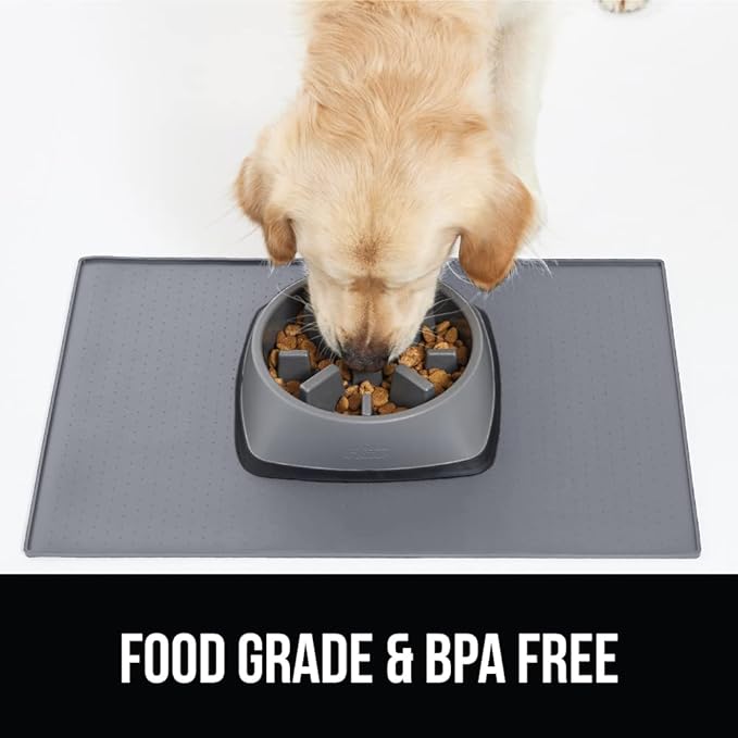 GORILLA GRIP 100% Waterproof Raised Edge BPA Free Silicone Pet Feeding Mat, Dog Cat Food Mats Contain Spills Protects Floors, Placemats for Cats and Dogs Water Bowl, Pets Accessories 32x24 Gray