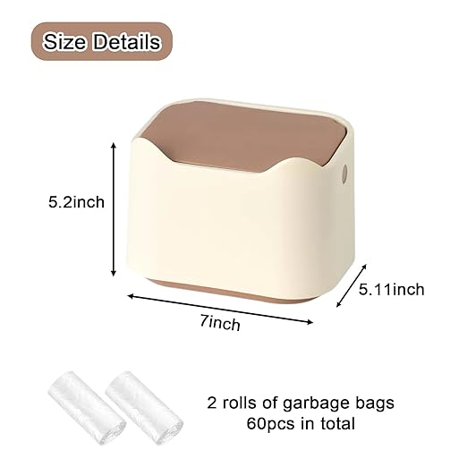 Cat Litter Trash Can Mini Countertop Trash with Press Type Lid Cat Poop Trash Can Includes 60 Refill Bags (Brown)