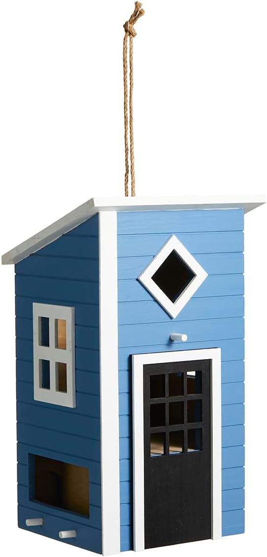 Glitzhome Large Bird Houses for Outside, Hanging Bird Houses for Outdoors, 14"H Modern Hand Painted Solid Wood Cottage Hummingbird House, Functional Decorative Birdhouse for Garden Patio Backyard,Bule