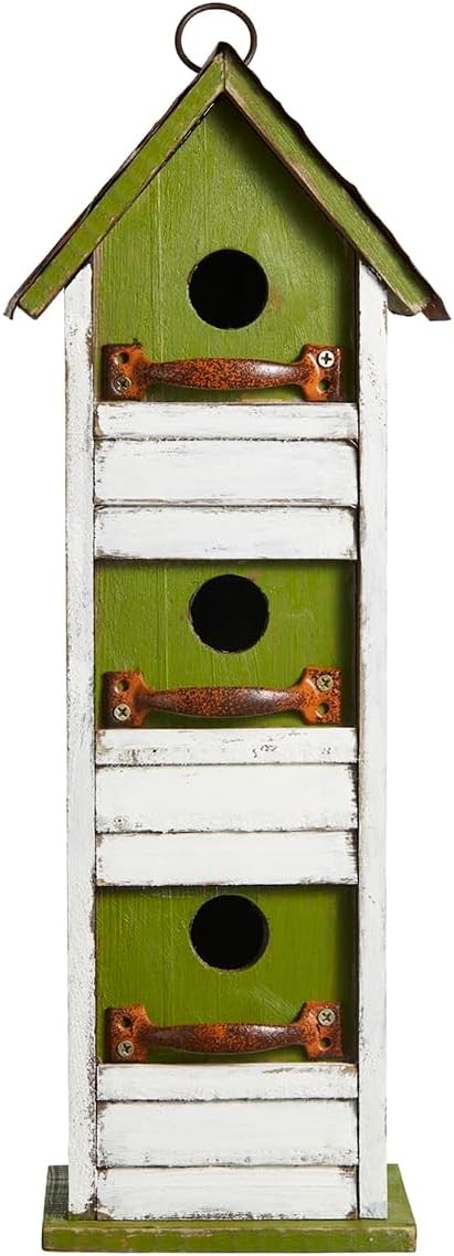 Glitzhome Bird Houses for Outside, Blue Bird Houses for Outdoors,18" H Distressed Outdoor Garden Wooden Birdhouse Decorative Hanging Bird House with Shutter Texture for Hummingbird,Sparrow,Wren Finch
