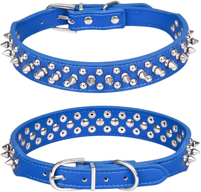 Spiked Dog Collar, Mushrooms Rivet Studded Adjustable Pu Leather Pet Collars for Cats Puppy Dogs (L, Dark Blue)