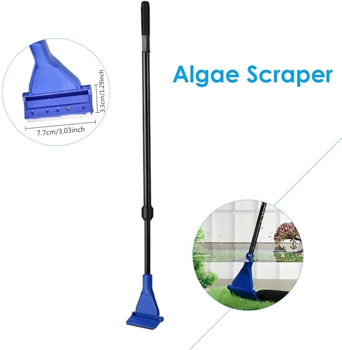 5 in 1 Aquarium/Fish Tank Cleaning Kit/Tool, Algae Scraper, Fish Net, Sponge, Plant Fork, Gravel Rake, Length Adjustable from 21 inches to 31 inches (Extendable)