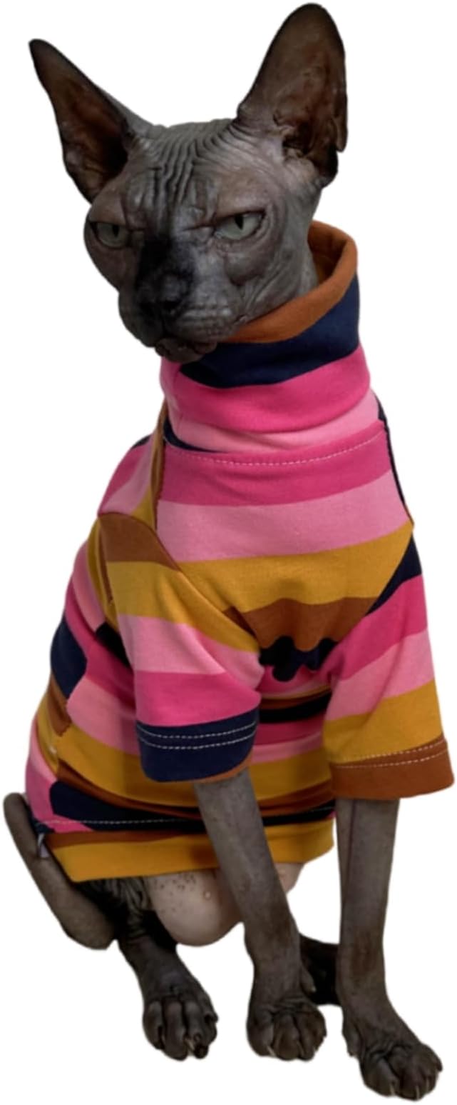 Vintage Stripes Sphynx Hairless Cats Shirt Cotton Cat Turtleneck Pet Clothes Kitten T-Shirts with Sleeves for Sphynx Cornish Rex, Devon Rex, Peterbald (Moning Glory, X-Large (Pack of 1))