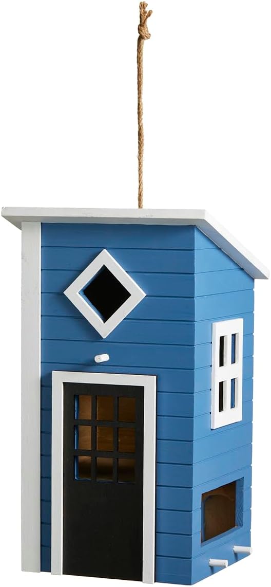 Glitzhome Large Bird Houses for Outside, Hanging Bird Houses for Outdoors, 14"H Modern Hand Painted Solid Wood Cottage Hummingbird House, Functional Decorative Birdhouse for Garden Patio Backyard,Bule
