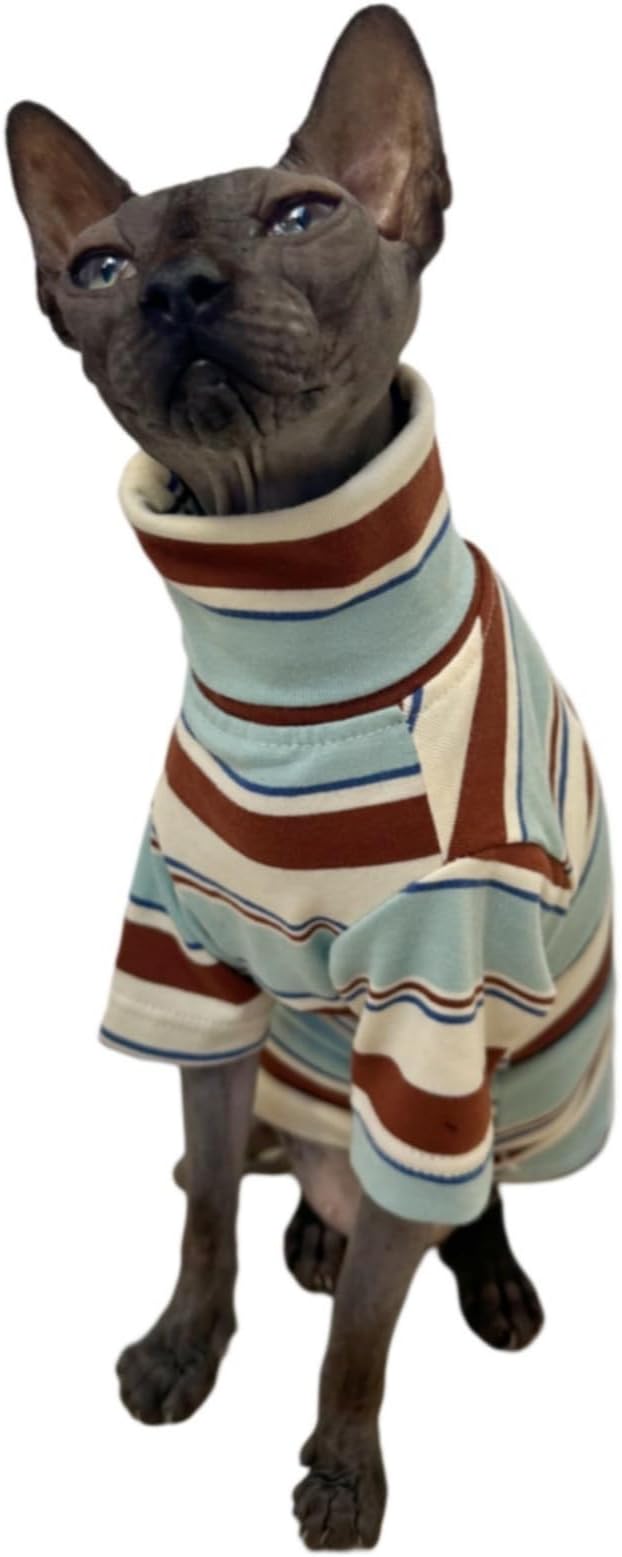 Vintage Stripes Sphynx Hairless Cats Shirt Cotton Cat Turtleneck Pet Clothes Kitten T-Shirts with Sleeves for Sphynx Cornish Rex, Devon Rex, Peterbald (Mint Brown, Medium (Pack of 1))