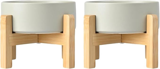SPUNKYJUNKY Ceramic Elevated Dog Bowls 2 Pack - 5.1inch Raised Dog Bowls with Non-Slip Wooden Stand for Small Dogs Dishwasher Safe(Grey,13.5OZ*2)