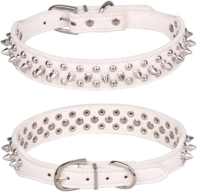 Spiked Dog Collar, Mushrooms Rivet Studded Adjustable Pu Leather Pet Collars for Cats Puppy Dogs (M, White)