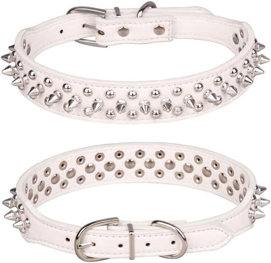 Spiked Dog Collar, Mushrooms Rivet Studded Adjustable Pu Leather Pet Collars for Cats Puppy Dogs (M, White)