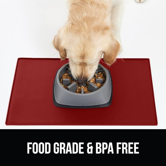 GORILLA GRIP 100% Waterproof Raised Edge BPA Free Silicone Pet Feeding Mat, Dog Cat Food Mats Contain Spills Protects Floors, Placemats for Cats and Dogs Water Bowl, Pets Accessories 32x24 Red