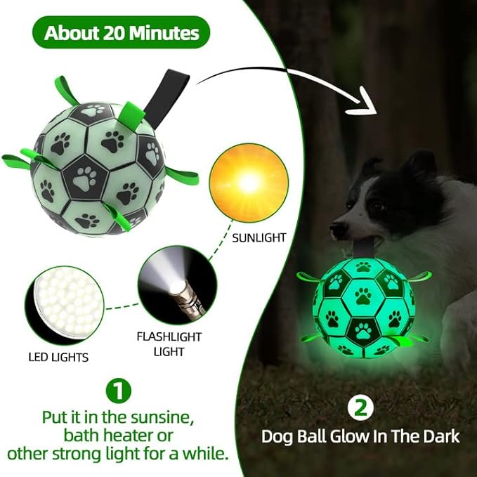 QDAN Glow in The Dark Dog Toys Soccer Ball with Straps, Outdoor Interactive Dog Toys Puppy Birthday Gifts, Dog Tug Water Toy, Light Up Dog Balls for Small & Medium Dogs๏ผ6 Inch Size 2๏ผ