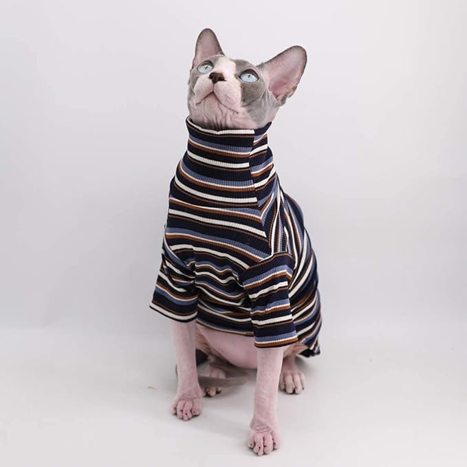 Vintage Stripes Sphynx Hairless Cat Cute Breathable Summer Cotton T-Shirts Pet Clothes,Round Collar Vest Kitten Shirts Sleeveless, Cats & Small Dogs Apparel (S (3.3-5 lbs), Vintage Deep Blue)