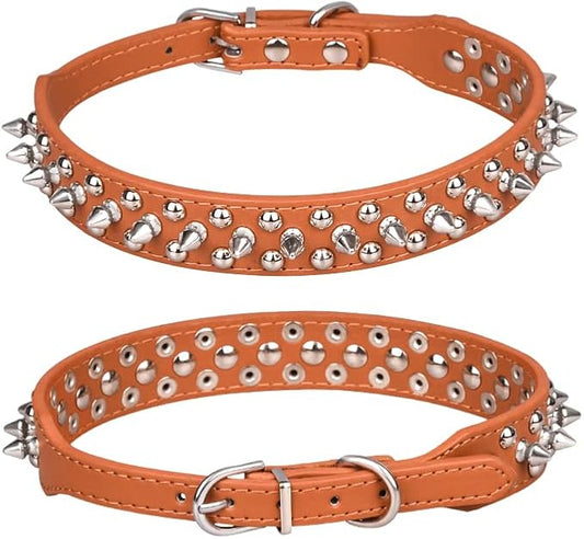 Spiked Dog Collar, Mushrooms Rivet Studded Adjustable Pu Leather Pet Collars for Cats Puppy Dogs (S, Brown)