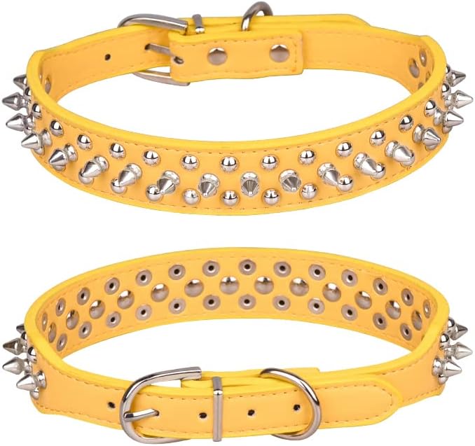 Spiked Dog Collar, Mushrooms Rivet Studded Adjustable Pu Leather Pet Collars for Cats Puppy Dogs (M, Yellow)