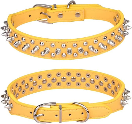Spiked Dog Collar, Mushrooms Rivet Studded Adjustable Pu Leather Pet Collars for Cats Puppy Dogs (M, Yellow)