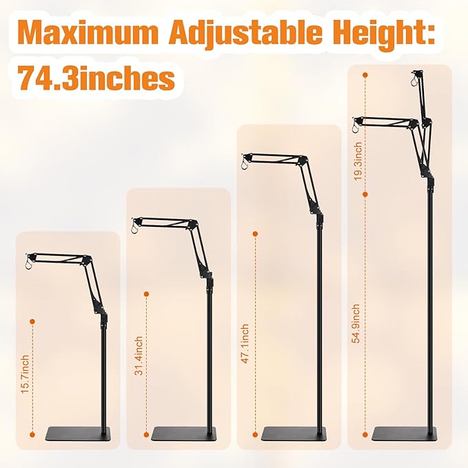 Dual Reptile Lamp Stand Reptile Light Stand with Two Flexible Brackets, Height Adjustable (15.7 inch to 74.3 inch) for Hanging Heat Lamp Holder and Light Fixture