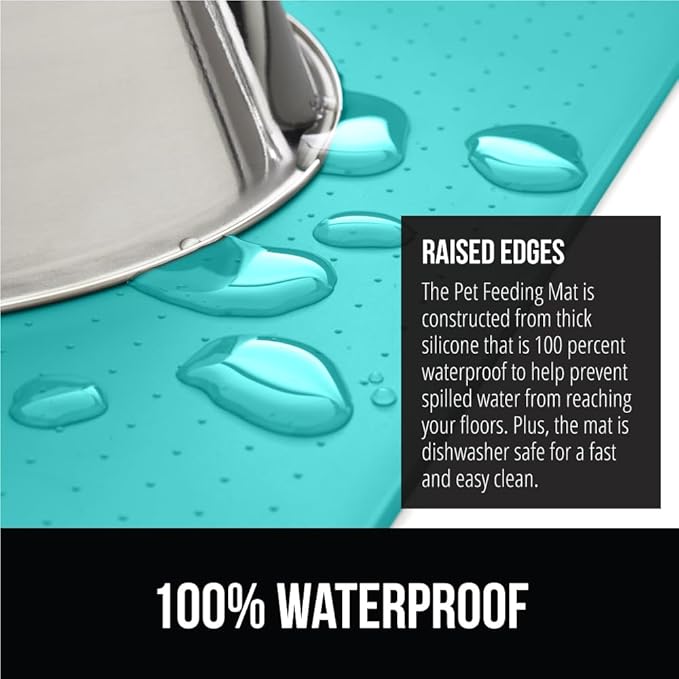 GORILLA GRIP 100% Waterproof Raised Edge BPA Free Silicone Pet Feeding Mat, Dog Cat Food Mats Contain Spills Protects Floors, Placemats for Cats and Dogs Water Bowl, Pets Accessories 28x18 Turquoise