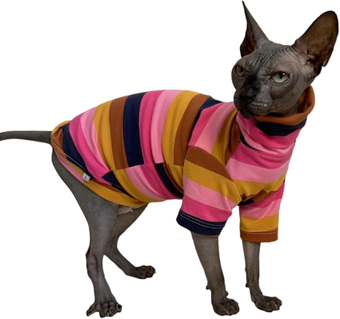 Vintage Stripes Sphynx Hairless Cats Shirt Cotton Cat Turtleneck Pet Clothes Kitten T-Shirts with Sleeves for Sphynx Cornish Rex, Devon Rex, Peterbald (Moning Glory, X-Large (Pack of 1))