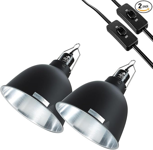 2 Pack Reptile Light Fixture, 8.1in Deep Dome Reptile Heat Lamp Fixture with Switch, Dual Terrarium UVB Basking Light Fixture for Bearded Dragon Snake Lizard, Suitable for E26 Bulb Up to 150W