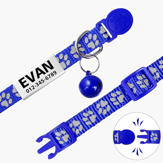 TagME 2 Pack Cat Collar with Name Tag, Personalized Reflective Cat Collar Breakaway with Bell for Boy & Girl Kitten, NavyBlue