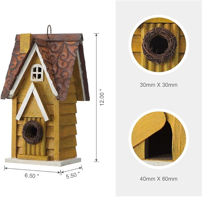 Glitzhome 12" H Yellow Distressed Solid Wood Cottage Birdhouse Hanging Bird House for Outdoors