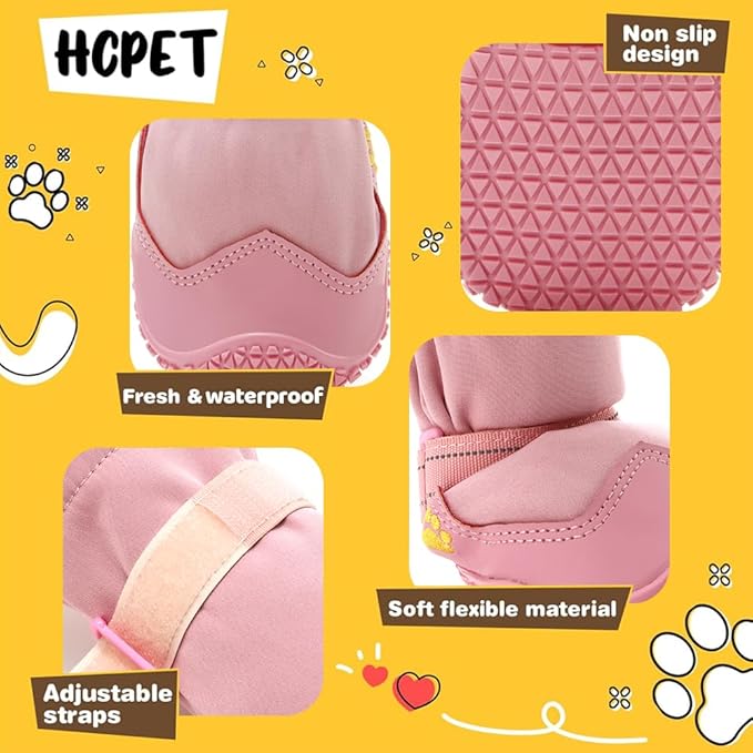 Hcpet Dog Shoes, Dog Boots & Paw Protectors for Winter Snowy Days, Rainy Weather, Outdoor Anti-Slip Sole Dog Booties for Hardwood Floor Pink-Leg 6