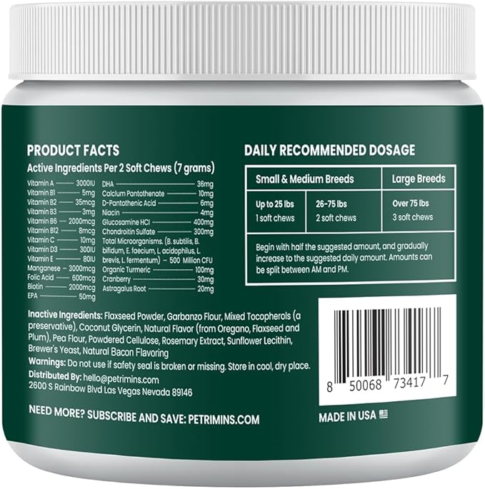 23-in-1 Dog Vitamins Supplements, Multivitamin Treats for Dogs with Glucosamine & Omega-3, Comprehensive Support for Hip & Joint, Digestion, Immune Health, Skin, Heart - 90ct, Bacon