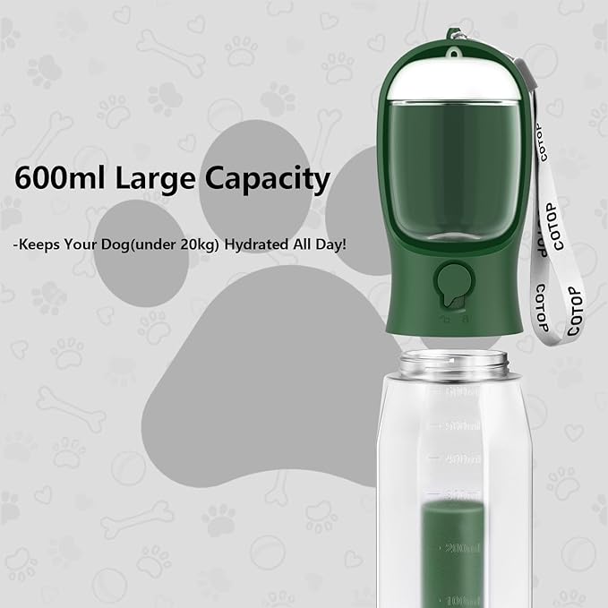 20oz Dog Water Bottle with Food Container & Poop Bag Dispenser | Leak-Proof Portable Pet Water Dispenser with Carabiner Clip | for Walking, Hiking, Travel