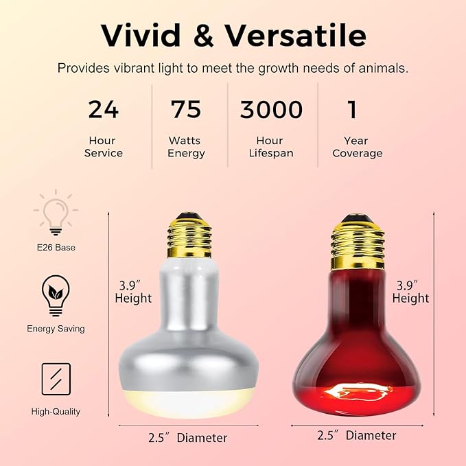 Reptile Heat Lamp Bulb 75W, 2-in-1 Day & Night Combo, Infrared Heat Lamp & UVA Sunlight Heating Lamp for Reptile Terrariums