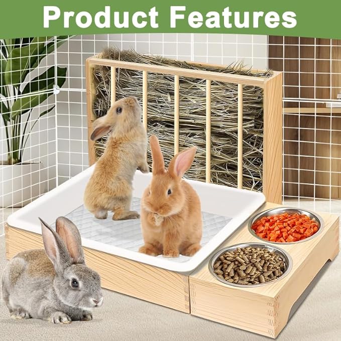 Rabbit Litter Box Bunny Litter Box Hay Feeder Rabbit, 3 in 1 Wooden Hay Feeder with 2 Bowls & Toilet for Guinea Pig, Bunny, Hamster, Chinchillas Other Small Animals, Large Capacity & Preventing Waste