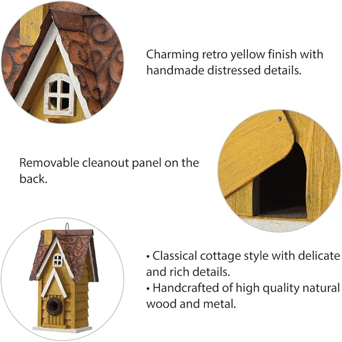 Glitzhome 12" H Yellow Distressed Solid Wood Cottage Birdhouse Hanging Bird House for Outdoors