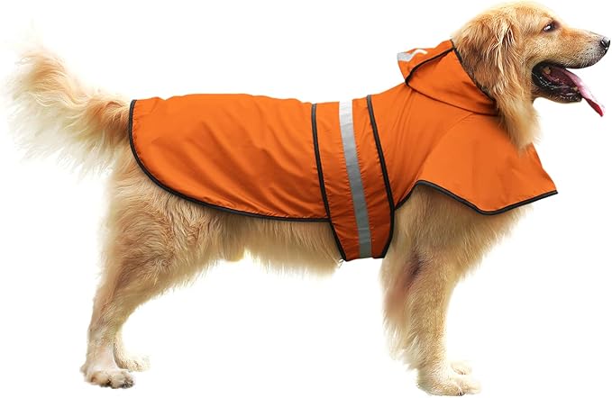 HDE Dog Raincoat Jacket Reflective Adjustable Hooded Pet Poncho Rain Coat with Leash Hole for Small to X-Large Dogs Safety Orange - L