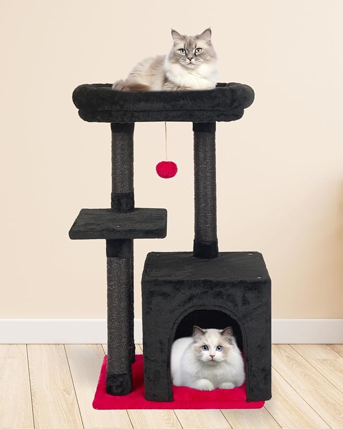 FISH&NAP Cute Cat Tree Kitten Cat Tower for Indoor Cat Condo Sisal Scratching Posts with Jump Platform Cat Furniture Activity Center Play House RedBlack
