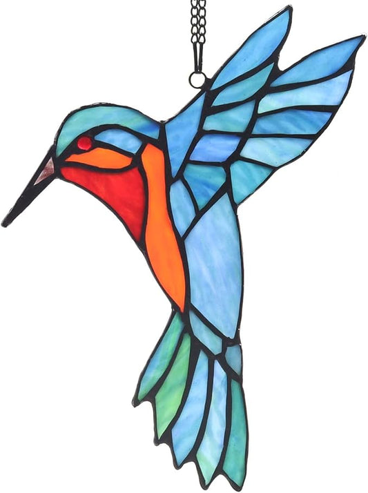 Bieye W10048 Hummingbird Tiffany Style Stained Glass Window Hangings Suncatcher with Chain and Suction Cup Hook (7" W x 6" H)