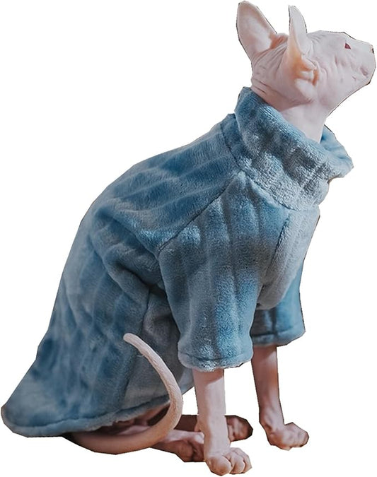 Turtleneck Sweater for Sphynx Cat Soft Coral Fleece Cat Clothes Thick Winter Warm Outfit Coat for Hairless Cats and Small Dogs Apparel with Sleeves (Blue, L (7-8.5 lbs))