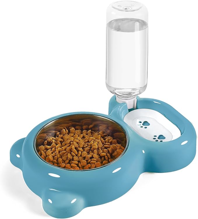 Dog Bowls, Cat Food and Water Bowl Set with Water Dispenser and Stainless Steel Bowl for Cats and Small Dogs - Blue