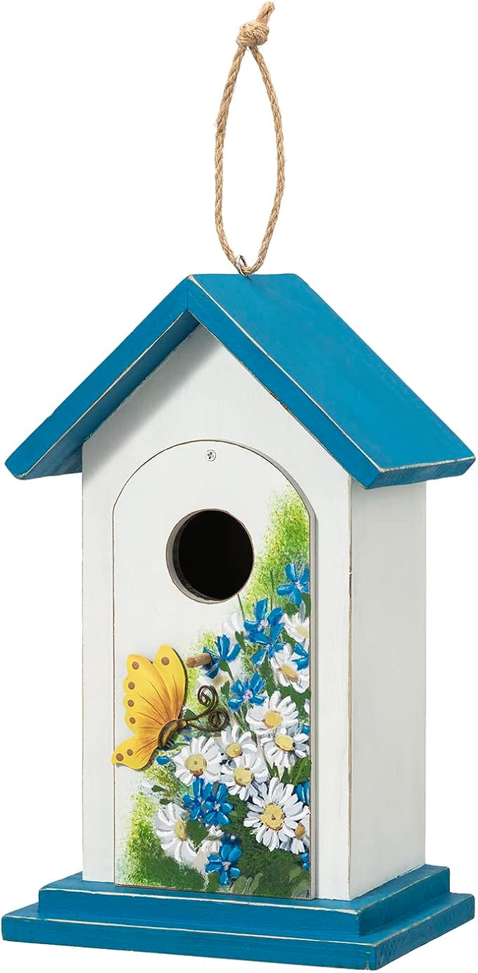 Glitzhome Bird Houses for Outside, 11.75" H Distressed Solid Wood Birdhouses Hummingbird House Daisy with Butterfly Garden Hanging Bird House for Outdoors