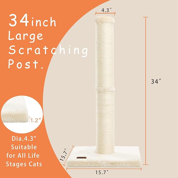 34inch Cat Scratching Post with Natural Sisal Rope 4.3Inch Large Diameter Scratcher Post Tree for Indoor Cats Beige