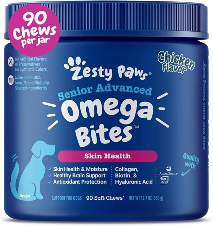 Zesty Paws Skin & Coat Bites for Dogs – Fish Oil Soft Chews with Omega-3 Fatty Acids EPA & DHA - Skin, Coat, Antioxidant & Immune Support - Advanced - 90 Count