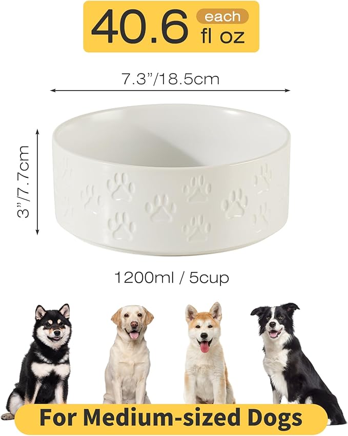 Ceramic Dog Bowl Set with Anti-Slip Rings for Medium Breed Dogs, 7.3" Food and Water Bowls, Pet Dishes for Medium-Sized Dogs (Double Bowls - White, 7.3 inch)