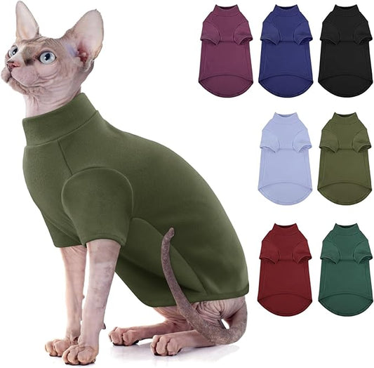 SUNFURA Turtleneck Sweater for Cat, Sphynx Cats Shirt Hairless Cat Sweaters with Sleeves, Warm and Soft Kitten Pullover Fleece Winter Pajamas Jumpsuit for Puppy Cats, ArmyGreen M