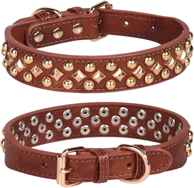 Spiked Dog Collar, Mushrooms Rivet Studded Adjustable Pu Leather Pet Collars for Cats Puppy Dogs (S, Brown3)