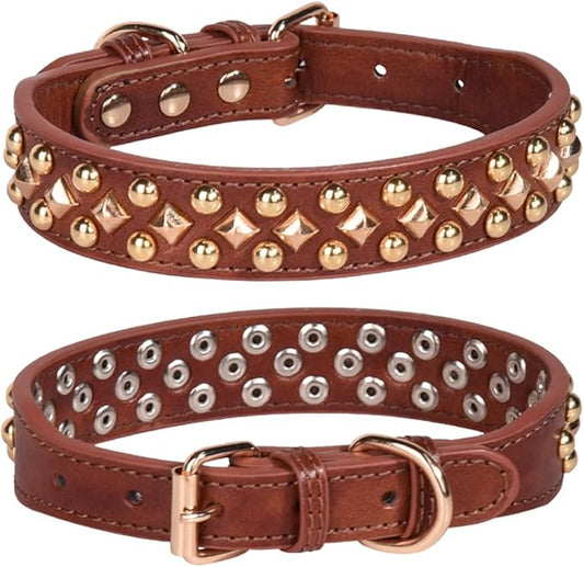 Spiked Dog Collar, Mushrooms Rivet Studded Adjustable Pu Leather Pet Collars for Cats Puppy Dogs (S, Brown3)