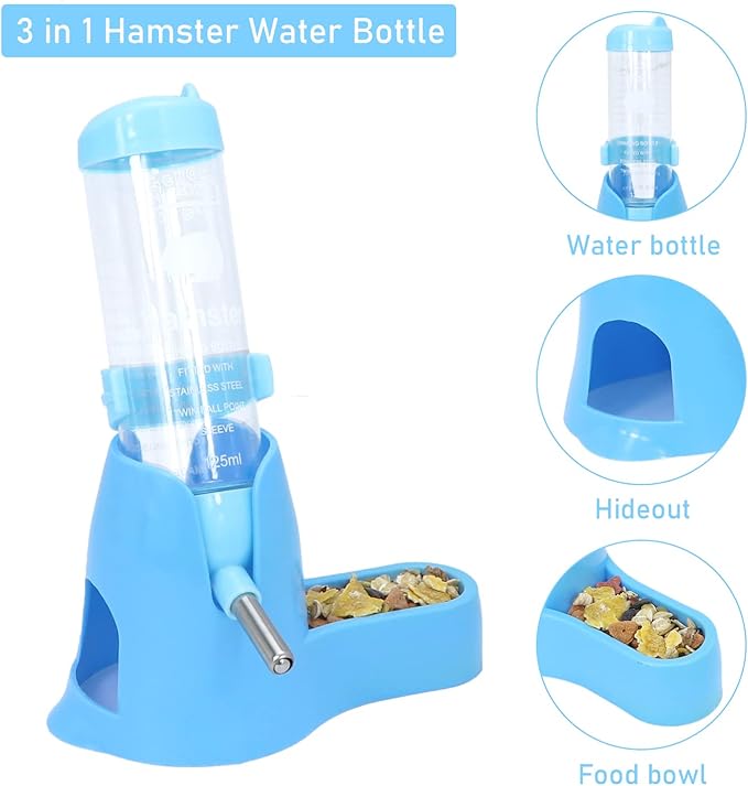 Wontee Hamster Water Bottle Water Dispenser Hamster Silent Exercise Running Wheel for Dwarf Hamsters Gerbil Mice (Blue, 125ML)