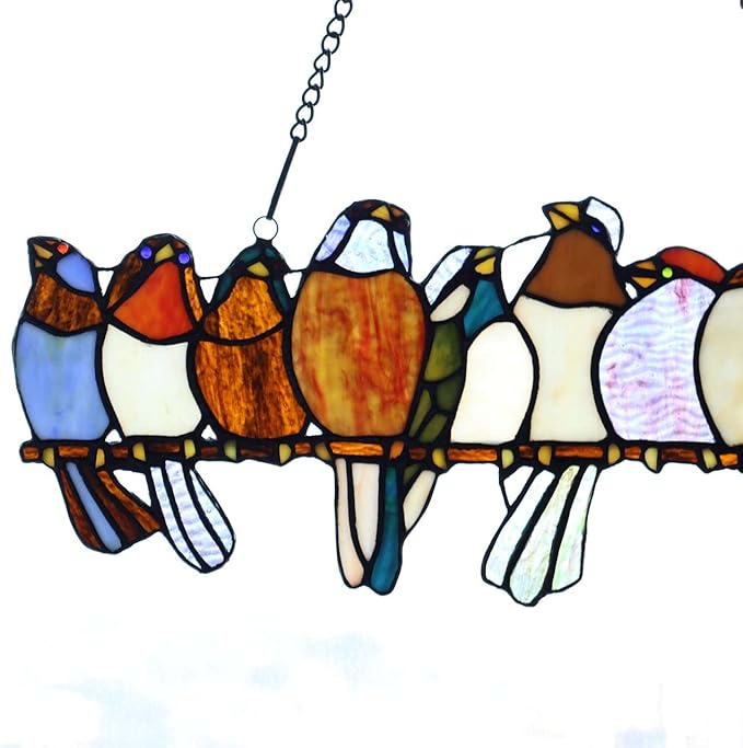 Bieye W10002 Tropical Birds Tiffany Style Stained Glass Window Panel Hangings with Chain, 19" W x 11.4" H