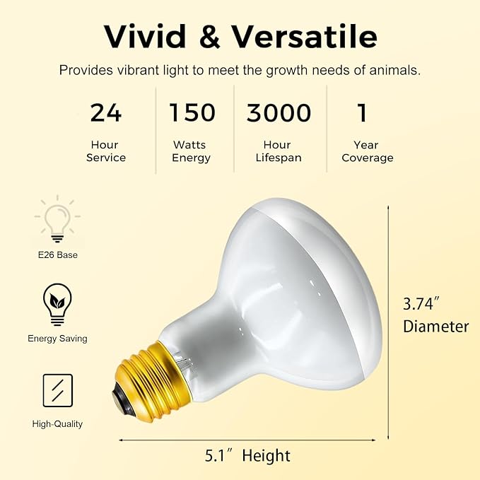 Reptile Heat Lamp 150W, 2 Pack Daylight UVA Basking Light Bulbs with E26 Base for Lizards, Turtles, Snakes and Amphibians