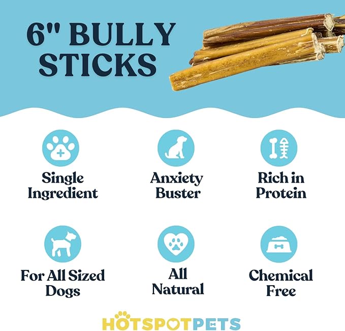 hotspot pets Bully Sticks 6 Inch- 10 Pack- Premium Natural Long Lasting Bully Sticks for Medium Dogs Beef Pizzle Treats - Low Odor, Grain Free Fully Digestible Rawhide Alternative Stix