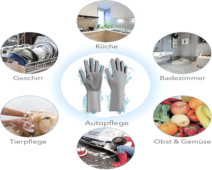 1 pairs Silicone Dishwashing & Pet Grooming Gloves - 2-in-1 Heat Resistant Gloves with High-Density Teeth, Enhanced Five Finger Design for Bathing, Cleaning Dishes, Cars, Dogs & Cats (Gray)