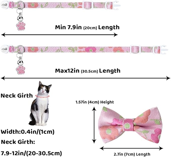 Personalized Breakaway Cat Collars - ID Tag, Bell, Bowtie - Safety Quick-Release, Customized for Girls & Boys Cats (Floral Pattern-Pink)